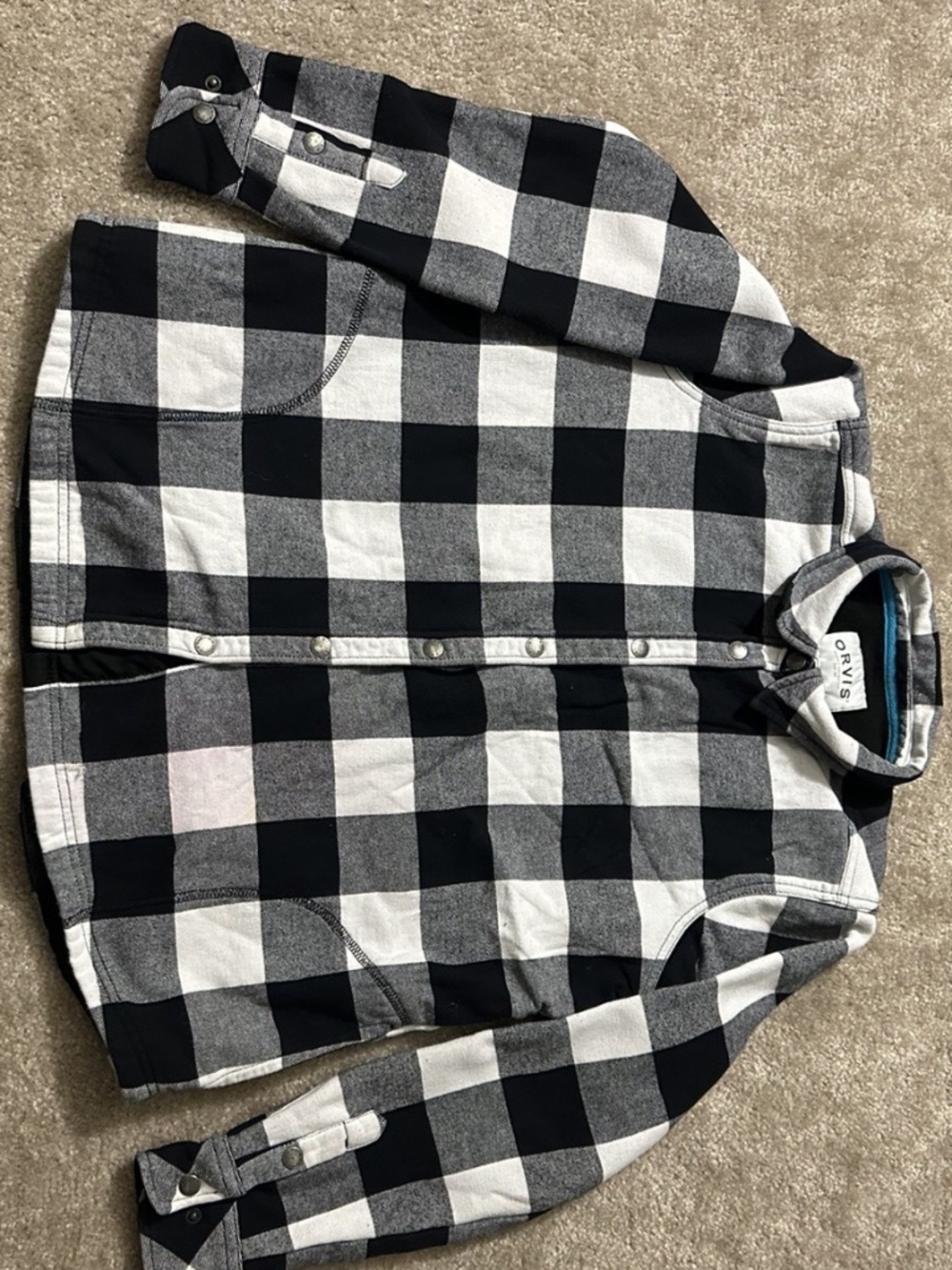 Orvis Flannel Shirt Jacket womens XL Black White Buffalo Plaid Fleece Lined Snap
